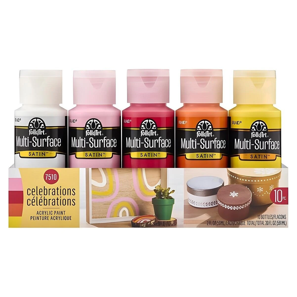 FolkArt 7510 10-Piece Satin Acrylic Paint Set, Multi-Surface, Water-Based