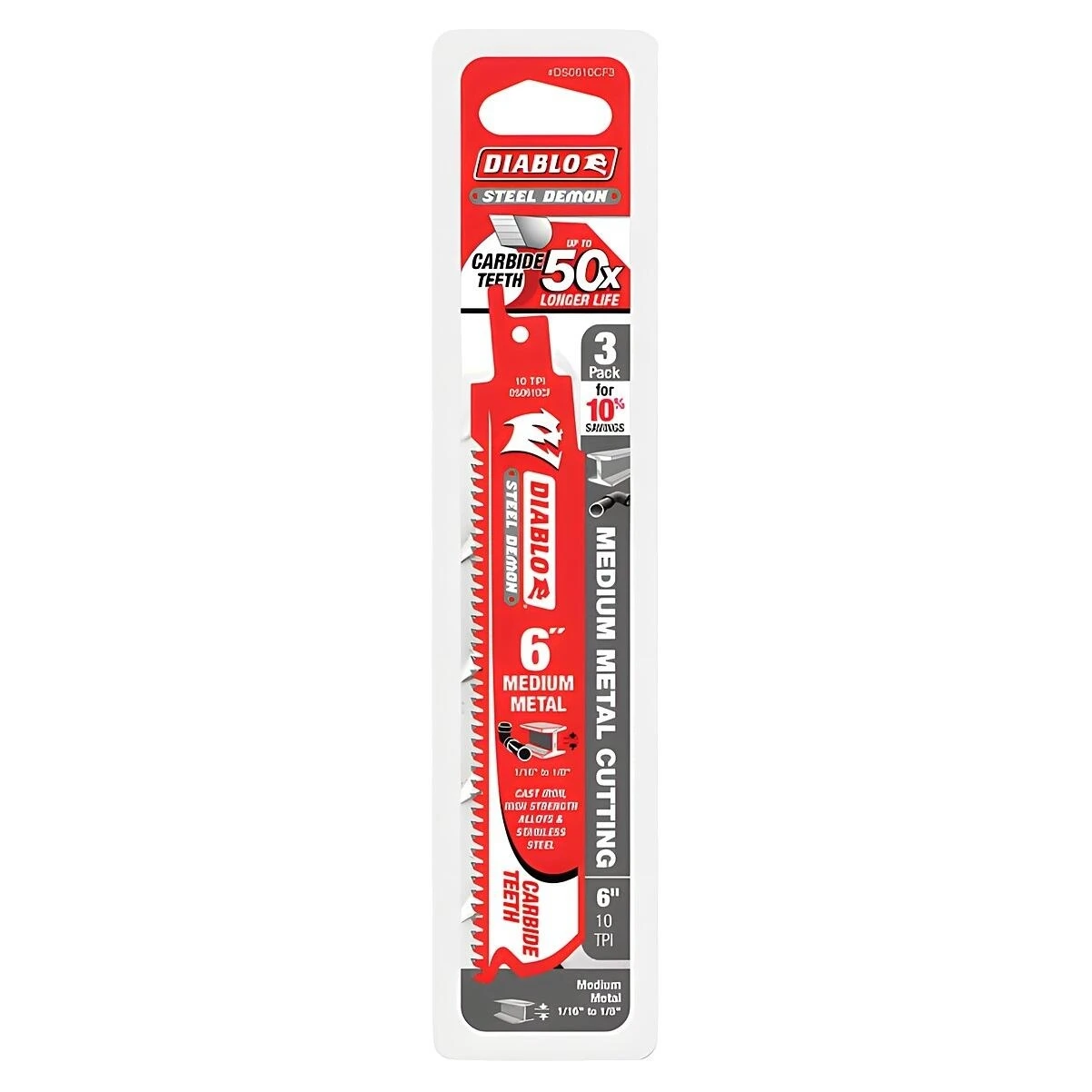 Diablo DS0610CF3 Reciprocating Saw Blade, 1 in W, 6 in L, 10 TPI, Carbide Cutting Edge