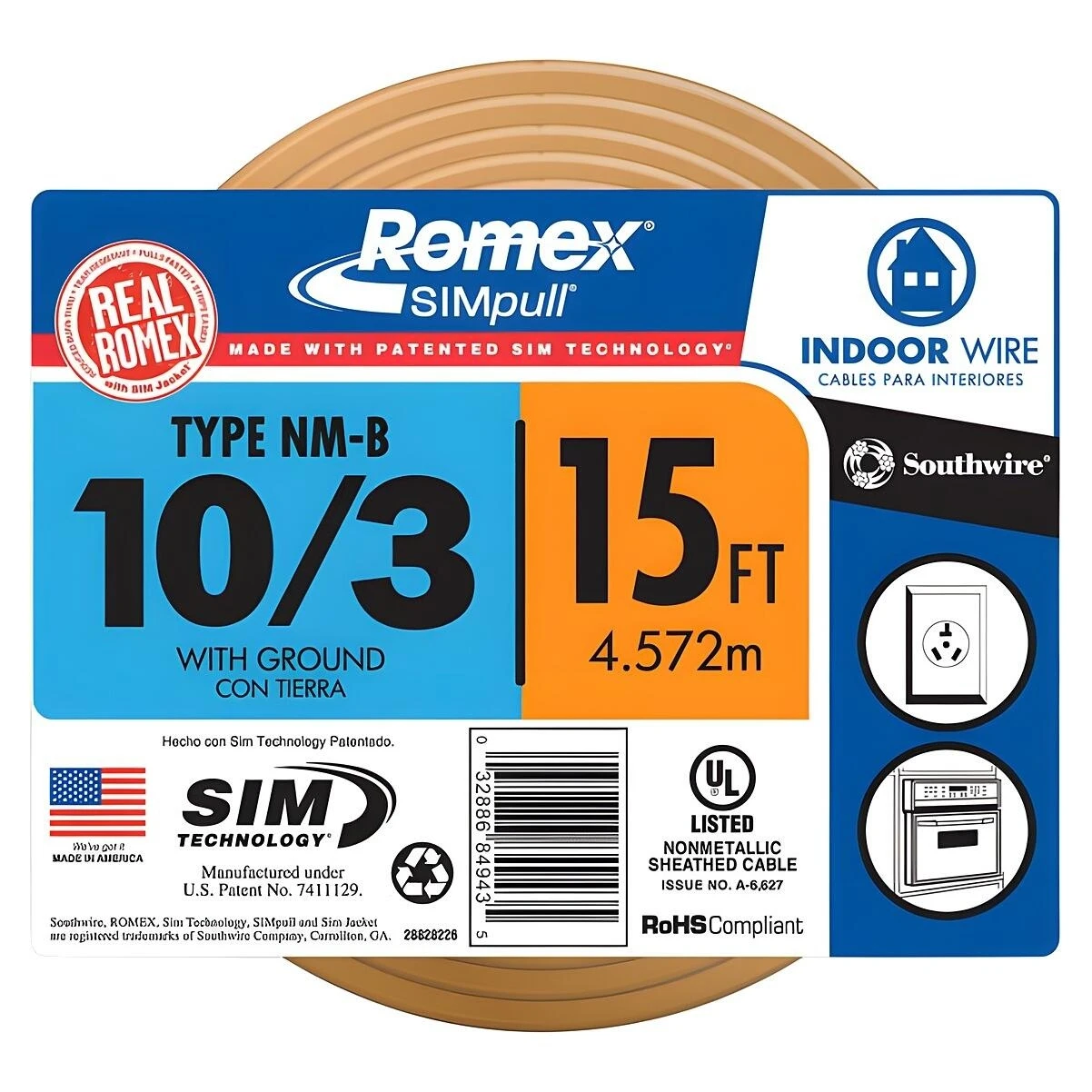 Southwire 63948527 10/3 Solid NM-B Romex Cable, 30A, 15 Ft, Pink