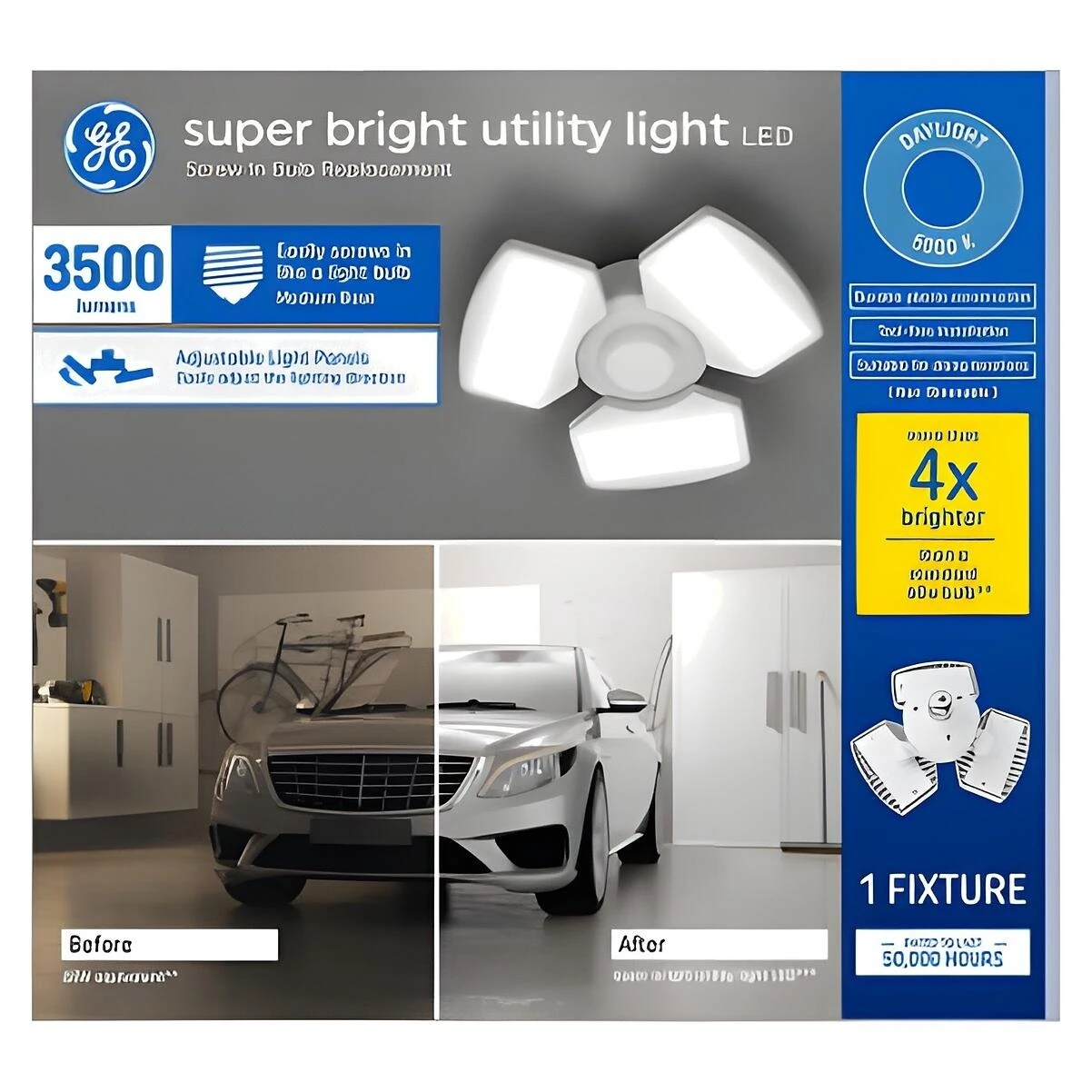 Ge - LED Super Bright Utility Light Fixture, 3 Adjustable Panels, Medium Base, 3500 Lumens, 35 Watt