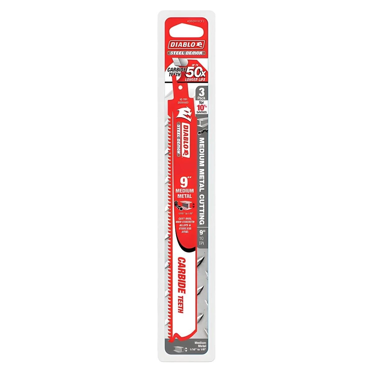 Diablo DS0910CF3 Reciprocating Saw Blade, 1 in W, 9 in L, 10 TPI, Carbide Cutting Edge