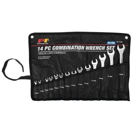 Performance Tool 14‑Piece Metric Combo Wrench Set – Heat‑Treated Alloy Steel with Roll Pouch