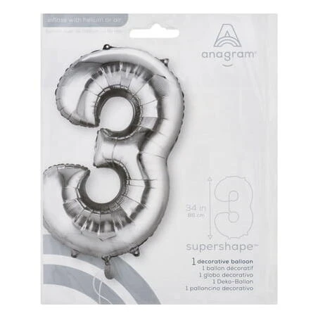 Silver Large Foil Number 3 Balloon – Premium Party Decoration