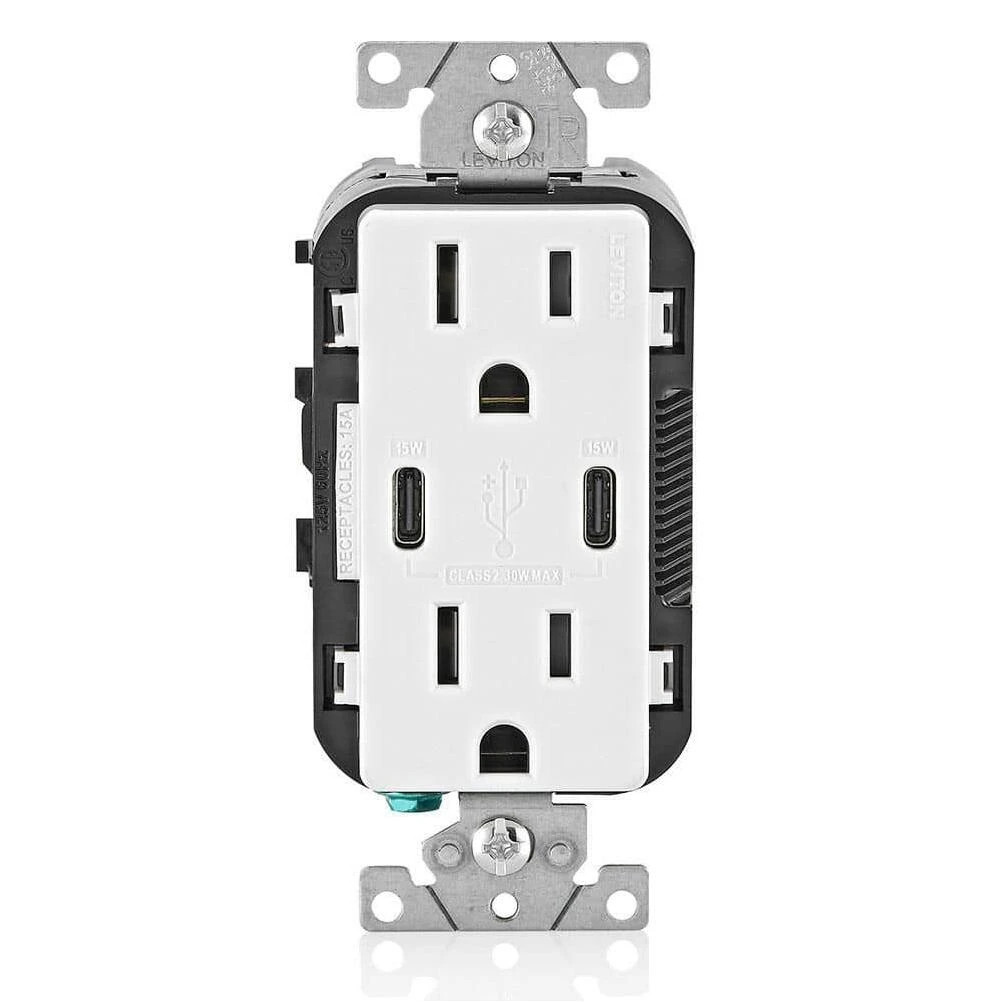 White 15A USB‑C Power Outlet with Integrated Type‑C Fast‑Charge Port