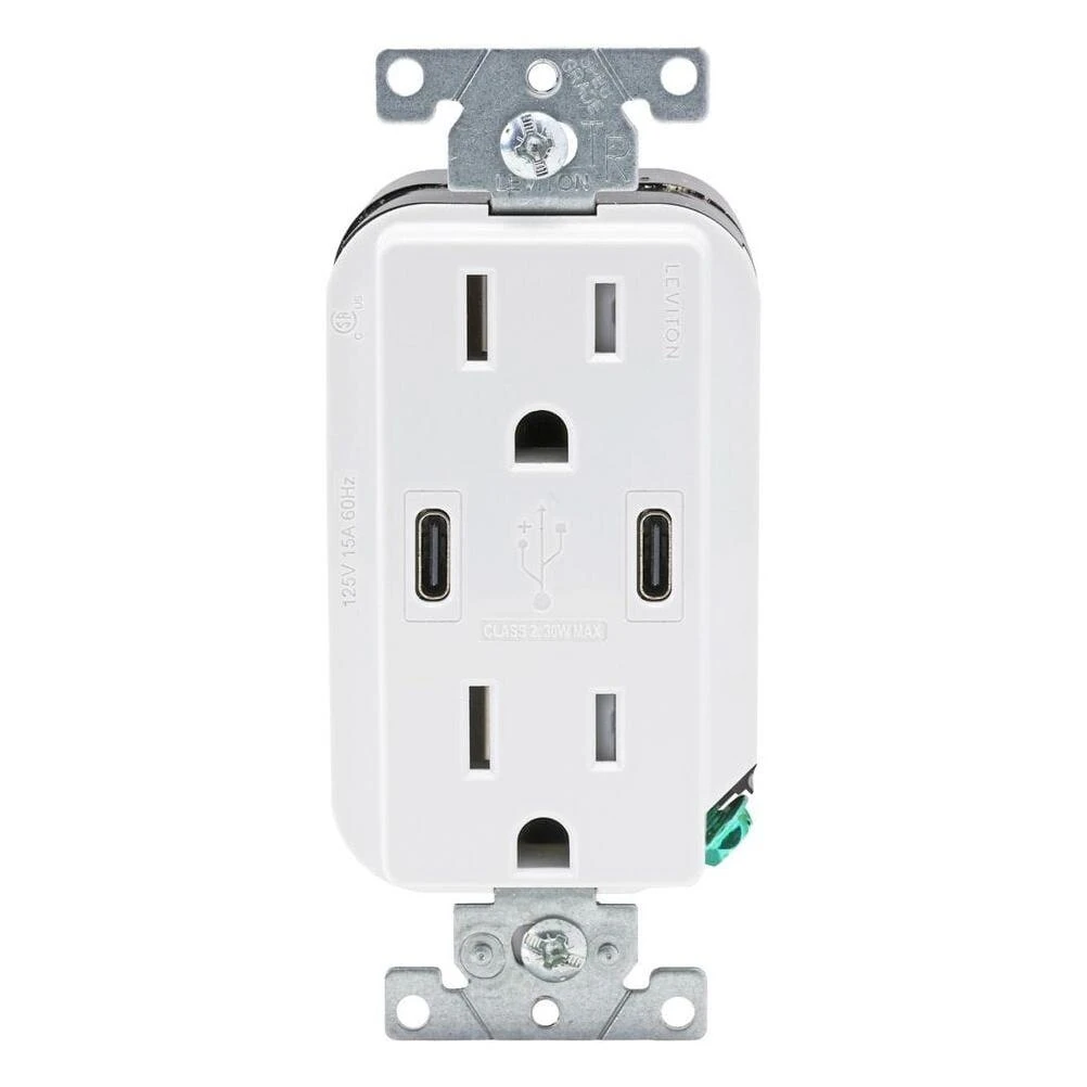 Leviton Decora RN2 White 2‑Pole Duplex Outlet – 15 A, 125 V