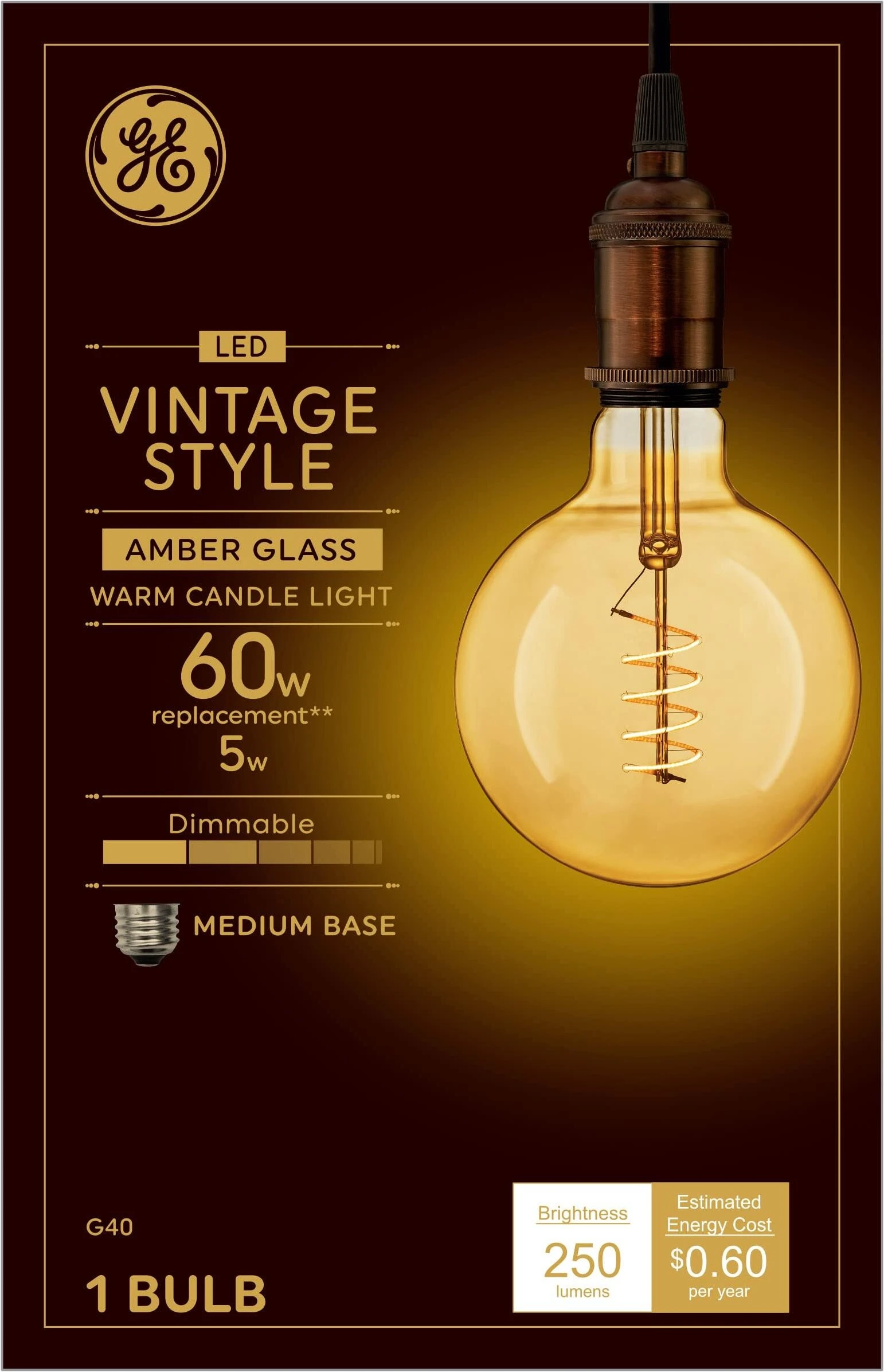 GE 36538 LED Vintage Light Bulb, G40, Amber, 60W Equiv, Medium Base GE 36538 LED Vintage Light Bulb, G40, Amber, 60W Equiv, Medium Base