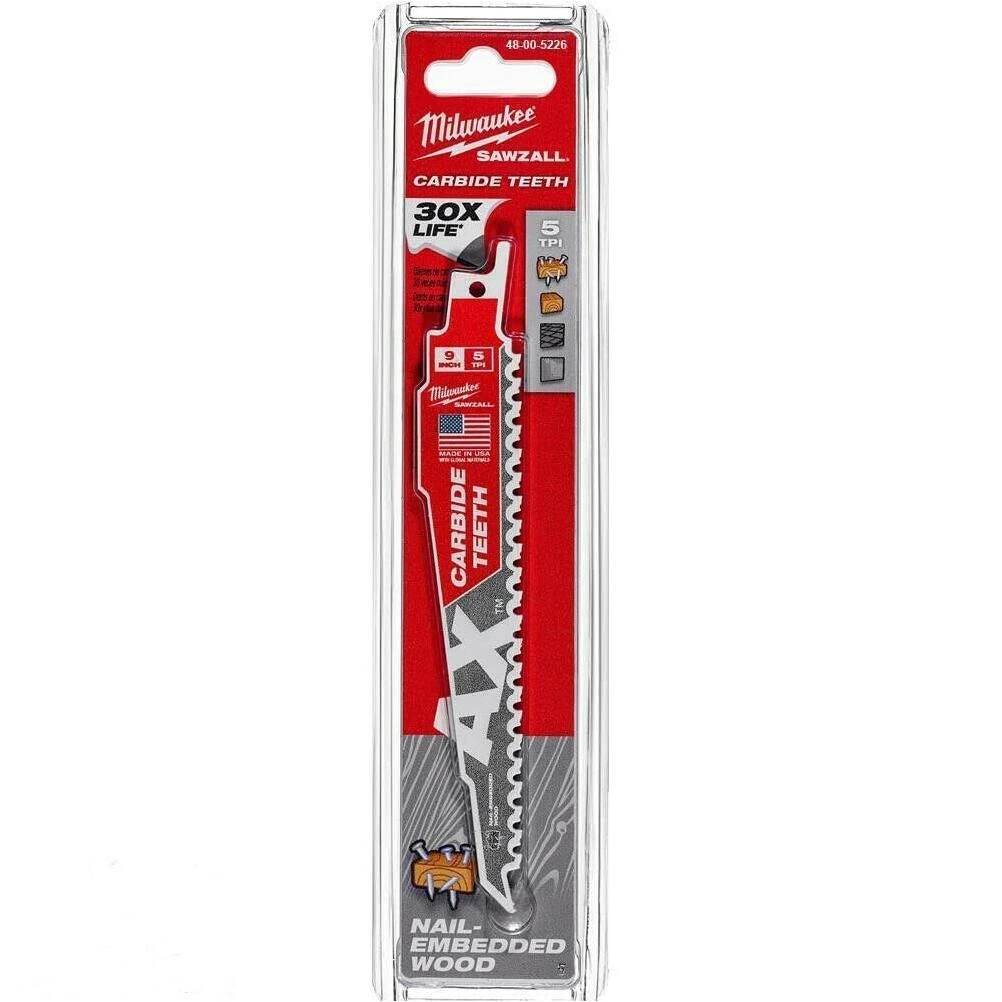 Milwaukee THE AX 48-00-5226 Reciprocating Saw Blade, 9 in L, 5 TPI, Carbide Cutting Edge Milwaukee THE AX 48-00-5226 Reciprocating Saw Blade, 9 in L, 5 TPI, Carbide Cutting Edge