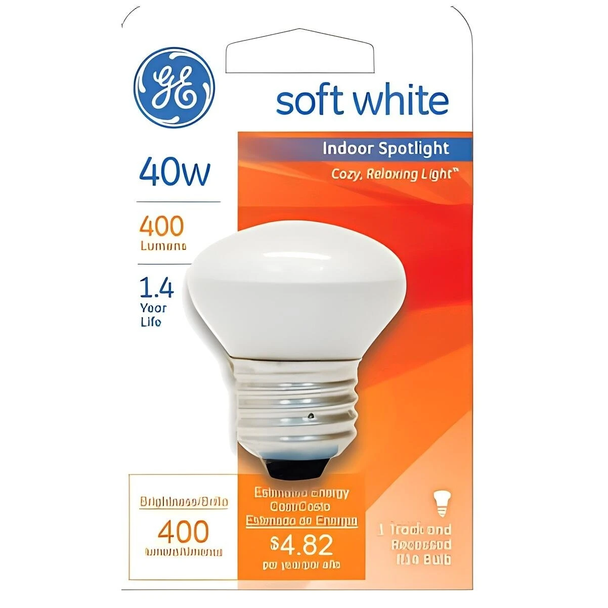 GE 25776 Light Bulb, 40 W, R14 Lamp, E26 Medium Lamp Base, 280 Lumens, 2500 K Color Temp, 1500 hr Average Life
