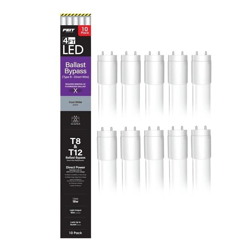 Feit Electric 10‑Foot Type B Linear LED Tube – 18W Ballast‑Bypass, 40W Fluorescent Equivalent, Cool White (4000K)