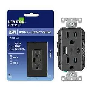 Leviton Black 15 A NEMA 5 Outlet with Dual USB‑A & USB‑C Ports