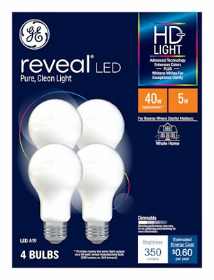 GE Reveal HD 93131970 LED Light Bulb, A19 4W, Dimmable, Warm White, 4-Pack