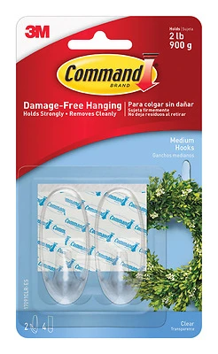 Command 17091CLR Adhesive Hook, 2 lb, 2 -Hook, Plastic, Clear