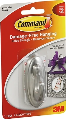 Command 17051BN Decorative Hook, 3-1/8 in L x 1-1/4 in W x 1-1/2 in H Dimensions, 3 lb, 1-Hook, Plastic, Silver