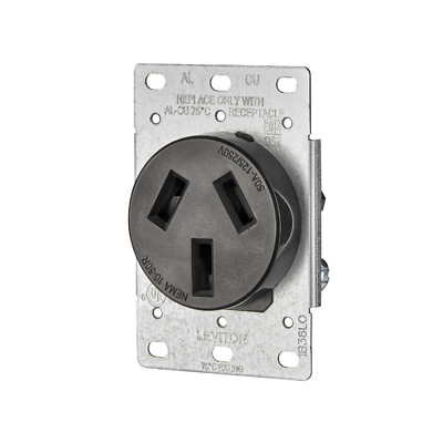 Leviton R20-05206-S10 Electrical Receptacle, Flush Mounting, 3-Pole, 125/250 V, 50 A, NEMA: NEMA 10-50R, Black