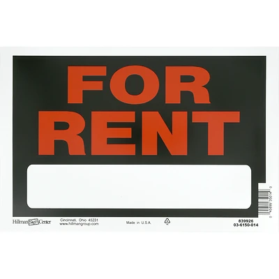 8 in. x 12 in. Red and White Plastic For Rent Sign