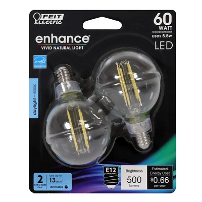 Feit Electric BPG1660950CAFL2 G16.5 LED Filament Bulb, Daylight 5000K, 60W Equiv, 2-Pk