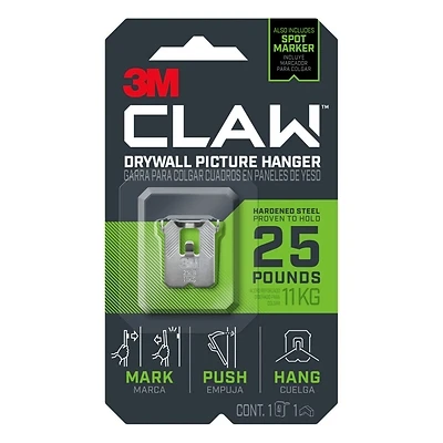 3M CLAW 3PH25M-1ES Drywall Picture Hanger, 25 lb, Steel, Push-In, 1/PK