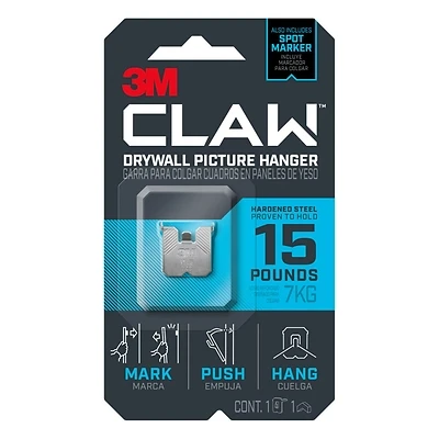 3M CLAW 3PH15M-1ES Drywall Picture Hanger, 15 lb, Steel, Push-In, 1/PK