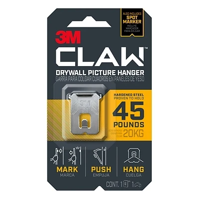 3M 3PH45M-1EF Picture Hanger, 45 lb, Steel, Drywall, 0.57 in L x 1.1 in W x 1.6 in H, 1/PK