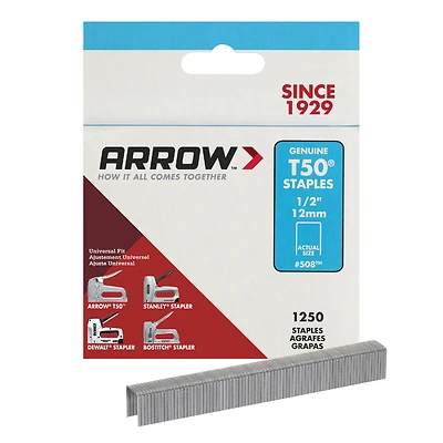 Arrow T50 Series 50824 Staple, For: T50 OC Stapler, 3/8 in W Crown, 1/2 in L Leg