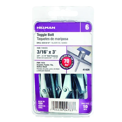 Snapin Toggle Bolt, Mushroom Head, 10-Pk., 3/16 x 3-In.