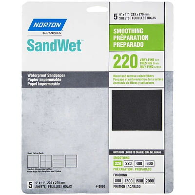 Norton SandWet 07660748090 Sandpaper Sheet, 220 Grit, 9 x 11 In., 5 pk