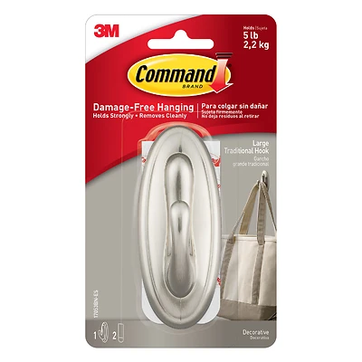 Command 17053BN Decorative Hook, 5 lb, 1 -Hook, Plastic, Silver, Brushed Nickel