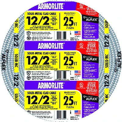 Southwire Armorlite 68580021 MC Cable, 12 AWG, 2-Conductor, Copper, 25 Ft.