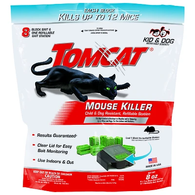 Tomcat 0372010 Mouse Bait Station Refill, 8-1/4 in W, 8-1/2 in H, 8 oz Bait, Plastic, Black