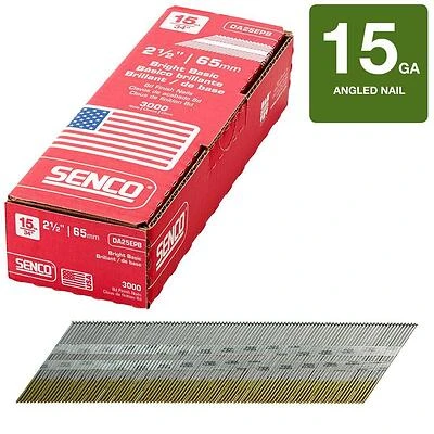 Senco DA25EPB Series Finish Nail, Glue Collation, 2-1/2 in L, 15 ga, Steel, Bright Basic, Brad Head, Smooth Shank