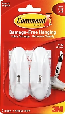 Command 17068 Wire Hook, 0.3 in Opening, 3 lb, 2 -Hook, Metal/Plastic, White