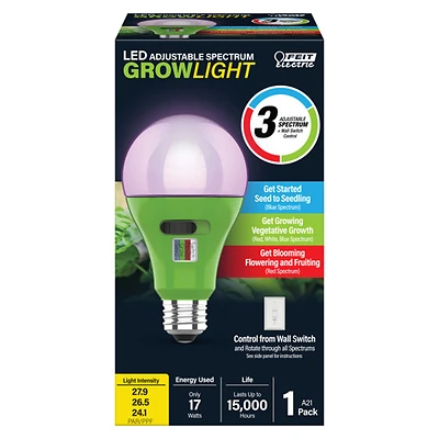 Feit A21ADJGRWLEDHD LED Grow Light Bulb, Clear, 16W, E26 Medium Base
