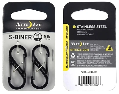 Nite Ize SB1-2PK-01 S-Biner Carabiner Clip, #1, Stainless Steel, Black, 2-Pk.