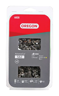 Oregon AdvanceCut Series S62T Chainsaw Chain, 91PX Chain, 18 in L Bar, 0.05 in Gauge, 3/8 in TPI/Pitch, 62-Link