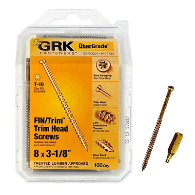 GRK Fasteners 119734 #8 x 3-1/8 In Star Drive Trim Head Screws, 100-Pack