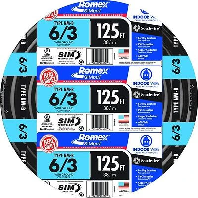 Non-Metallic Romex Sheathed Cable With Ground, Copper, 6/3, 125 Ft. Coil