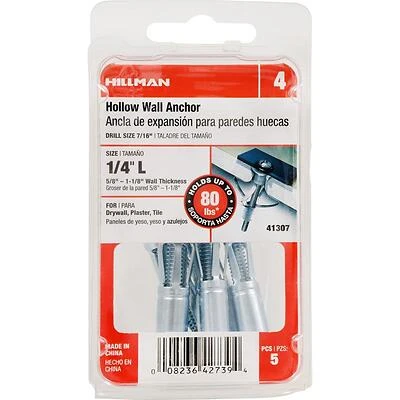 Hillman 1/4 in. Dia. x 1-1/4 in. L Metal Pan Head Hollow Wall Anchors 5 pk