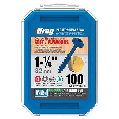Kreg Blue-Kote SML-C125B-100 Pocket-Hole Screw, #8 Thread, 1-1/4 in L, Coarse Thread, Maxi-Loc Head, Square Drive, Steel