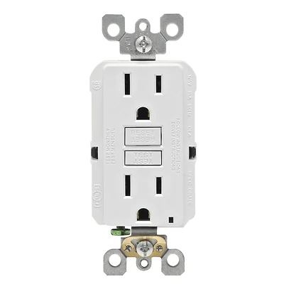 Leviton R02-GFNT1-0KW GFCI Duplex Receptacle, Polycarbonate, White, 2-Pole, 15 A, 3-Wire, Back, Side Wiring