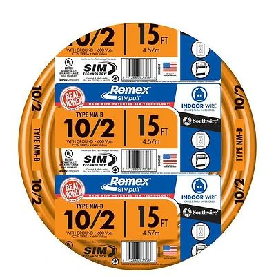 Southwire 28829026 Romex NM-B Electrical Cable, 10/2, 15 Ft.