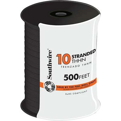 Southwire 22973257 Building Wire, 10 AWG Stranded, Black, 500 Ft.