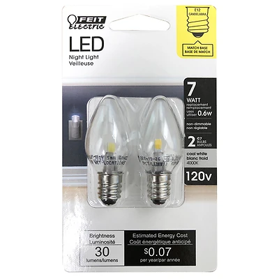 Feit Electric BPC7/LED C7 LED Bulb, 1W, Candelabra E12 Base, 2-Pack
