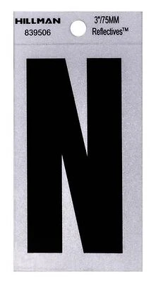 Reflective Adhesive House Address Letter N, Thin Cut, Black Vinyl, 3-In.