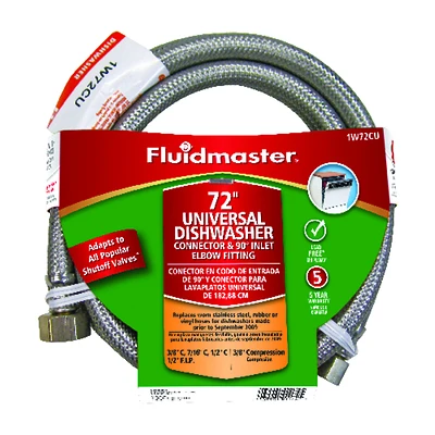 Fluidmaster 1W72CU Dishwasher Supply Line, 3/8 In. Compression x 1/2 In. FIP, 72 In.