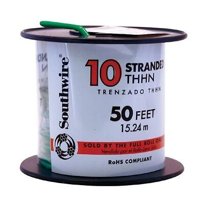 Southwire 22977386 10 AWG Stranded THHN Building Wire, Green, 50 Ft.