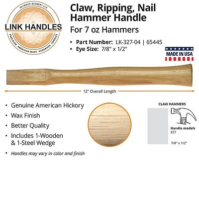 Link Handles 65445 American Hickory Replacement Handle, 12 In., Claw Hammer