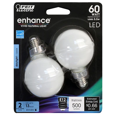 Feit Electric G16.5 LED Filament Bulb, Daylight, 60W Equiv, E12, 2-Pk