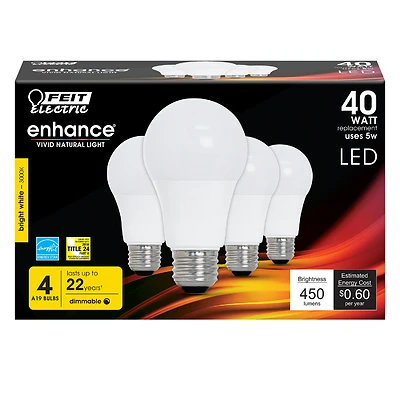 Feit Electric LED A19 Bulb, 40W Equivalent, Dimmable, Bright White, 4-Pack