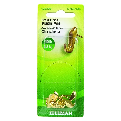 Push Pin Hangers, Brass, 5-Pk.