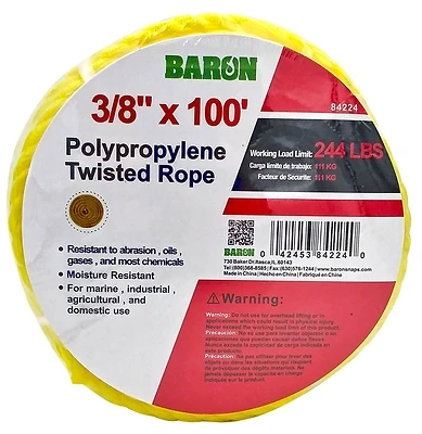 Baron 84224 Twisted Polypropylene Rope, 3/8 In x 100 Ft, Yellow